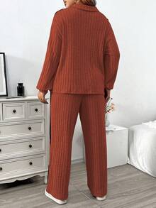 EMERY ROSE Áo thun tay loe dệt kim mềm mại có khóa kéo cổ cao cỡ lớn + Quần ống rộng có họa tiết sọc màu bên hông, quần mặc nhà thường ngày 2 món - Nhiều màu - Xem 2