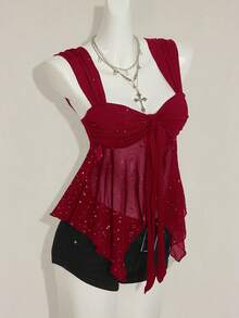 SHEIN ICON 女式闪亮面料不对称网眼下摆背心 - 酒紅色 - 查看 6