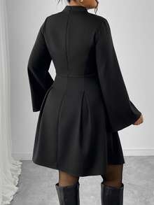 Elenzga Plus Size Women's Solid Color Stand Collar Lantern Sleeve Ruffle Hem Elegant Mini Dress, Faux Pocket Chic Blazer Dress - Black - View 2
