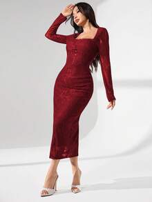 Modelyn Square Neck Lace Long Sleeve Fitted Midi Dress For Women - Burgundy - View 4