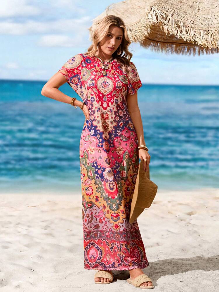 Women's Casual Vintage Printed Long Dress For Summer,Vacation Outfits Women