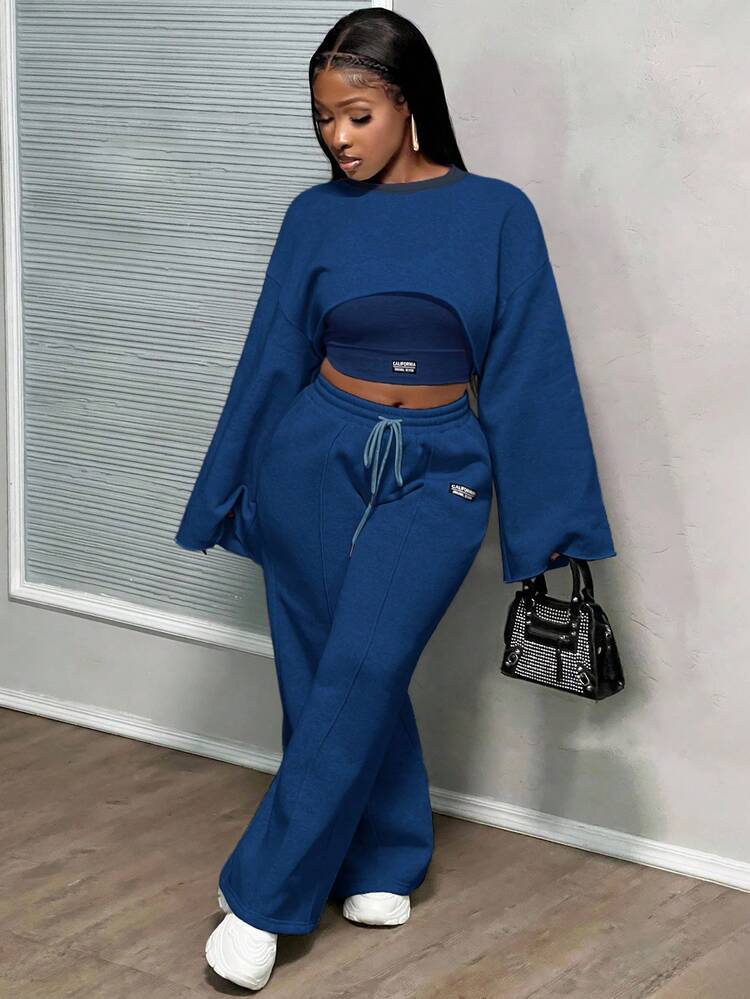 Slaydiva Conjunto feminino casual de 3 peças, cor sólida, gola redonda, manga comprida, camisola com apliques, calça com cordão na cintura - Azul marinho - Ver 5