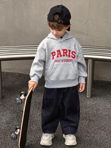 Genkimix Kids Winter Toddler Boys' Hooded Pocket Jacquard Textured Striped Paris English Graphic Street Style Sweatshirt Hoodies  Long Sleeve Top Grey Red Printed Letters - Grey - View 6