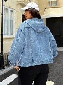 Jeanoix Áo khoác denim có mũ trùm đầu, cài nút phía trước, cỡ lớn, mùa thu - Màu xanh lam - Xem 2