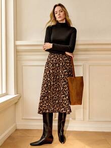 Écloséra 时尚法式复古高领保暖内衬黑色长袖上衣和豹纹A字纽扣裙，女士秋冬两件套，时尚优雅女士套装，别致感恩节服装，新年服装两件套。 - 黑色 - 查看 4