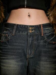 ROMWE J-Fashion Autumn/Winter New Chinese Style Tiger Head Geisha Figure English Embroidery Super Low Waist Retro Women Jeans