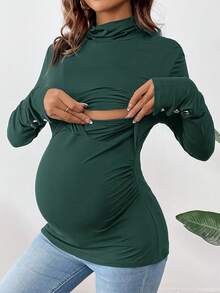 SHEIN 纯色高领褶皱长袖哺乳上衣孕妇T恤 - 墨綠色 - 查看 5