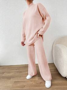 Cloudara 2 Piezas Conjunto De Suéter Y Pantalones Con Cuello Alto De Color Liso - Rosa - Ver 5