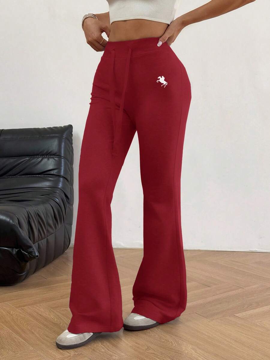 SHEIN EZwear 女式酒红色刺绣喇叭裤 - 酒紅色 - 查看 1