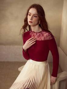 MOTF PREMIUM LACE INSERT LETTUCE TRIM SLIM FIT RIB-KNIT TEE - Burgundy - View 2