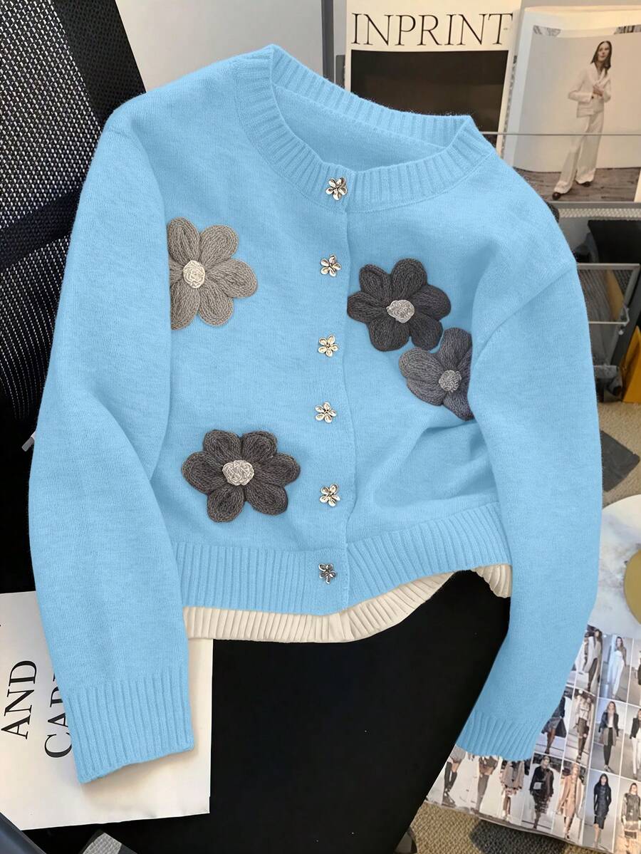 Franclia 全新秋冬优雅手工花卉图案柔软舒适开衫，适合娇小女性 - 水鴨藍 - 查看 1