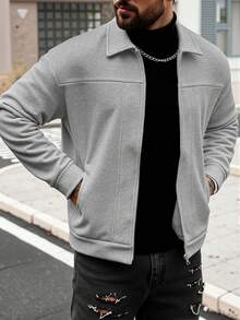 Manfinity CasualCool Áo khoác nam trơn màu thường ngày có khóa kéo, vai trễ, phong cách mùa thu/đông, giải trí hàng ngày, chuyến đi cuối tuần, hoạt động ngoài trời, thám hiểm du lịch, môi trường làm việc thoải mái hoặc những dịp bán trang trọng, quà tặng bạn trai/chồng, quà kỷ niệm, giáng sinh - Màu Xám nhạt - Xem 6
