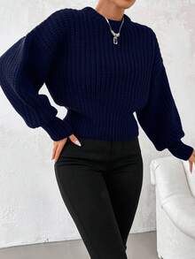 EURMUSE Autumn/Winter Casual Versatile Solid Color Drop Shoulder Sweater - Navy Blue - View 3
