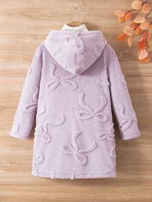 Sparklyn 1 件女童加大毛绒连帽开衫，长袖及膝柔软舒适蝴蝶提花图案外套，秋冬 - 紫色 - 查看 2
