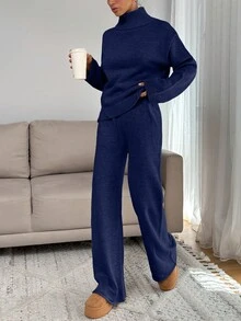 SHEIN Tall 女款寬鬆版高領毛衣搭配羅紋針織細節直筒針織長褲套裝，適合高個女性 - 藏蓝色 - 查看 3