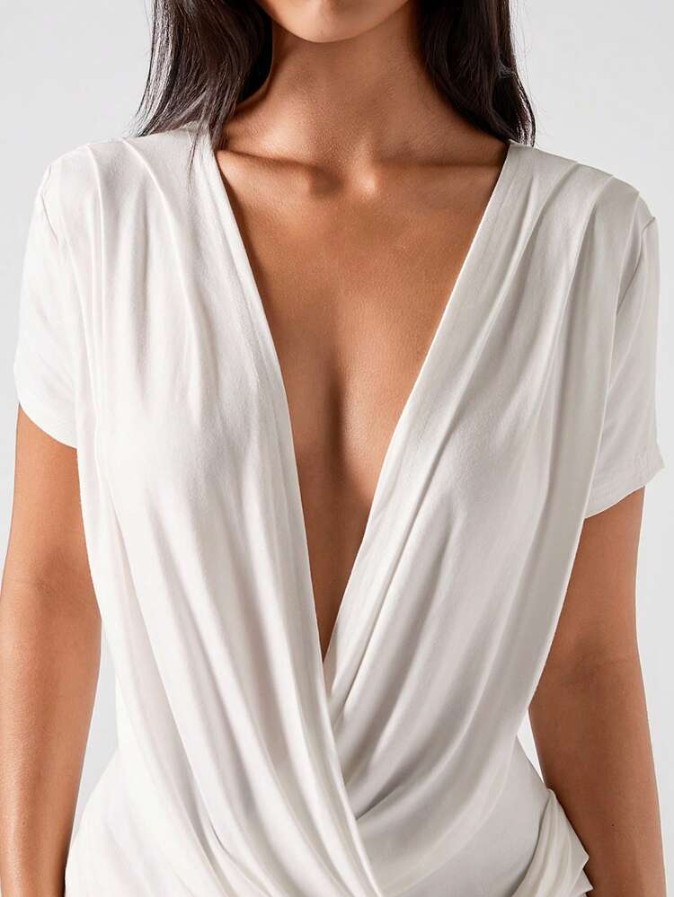 LYSMO T-shirt court à manches courtes, col V profond sexy et plissé, couleur unie pour femmes - Blanc - Voir 5