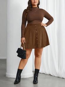 SHEIN Privé Plus Size Solid Color Minimalist Casual Skirt - Brown - View 5