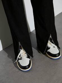 Modcrash Calça Larga de Verão Masculina de Veludo Canelado com Zíper e Fenda, Calça Longa Casual Esportiva Versátil de Cor Sólida - Preto - Visão 2