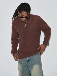 Modcrash 男女皆宜的宽松版型串珠图案休闲学院风套头毛衣，圆领，长袖落肩设计，简约风格，秋冬季保暖。 - 棕色 - 查看 7