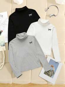 SHEIN Tween-Mädchen 3 Stücke Lässig Set mit Umlegekragen und Langarm, geeignet für Zuhause und Outdoor-Aktivitäten, 3er Pack Oberteile - Verschiedenfarbig - Übersicht 7