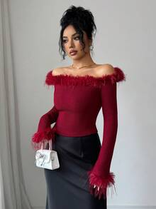 Elenzga Damen elegante Mode Pendler Lässig bequeme charmante Retro minimalistische High-End sanfte Dame Weihnachten Feiertag Party Herbst/Winter Carmen-Ausschnitt Patchwork Fellkragen & Manschetten einfarbiger Strickpullover - Bordeaux - Übersicht 7