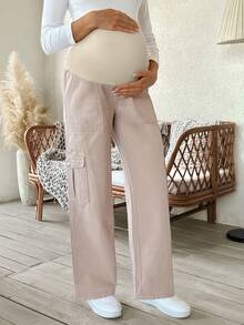 SHEIN Quần jean bà bầu cạp cao có thể điều chỉnh - Màu Khaki - Xem 5