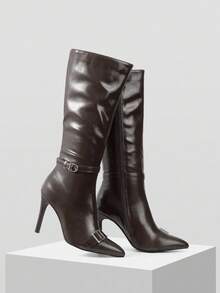 Mnmlis Women's Pointed Toe Knee-High Boots With Stiletto Heel, Zipper And Buckle Closure, Leather Upper - Brown - View 5