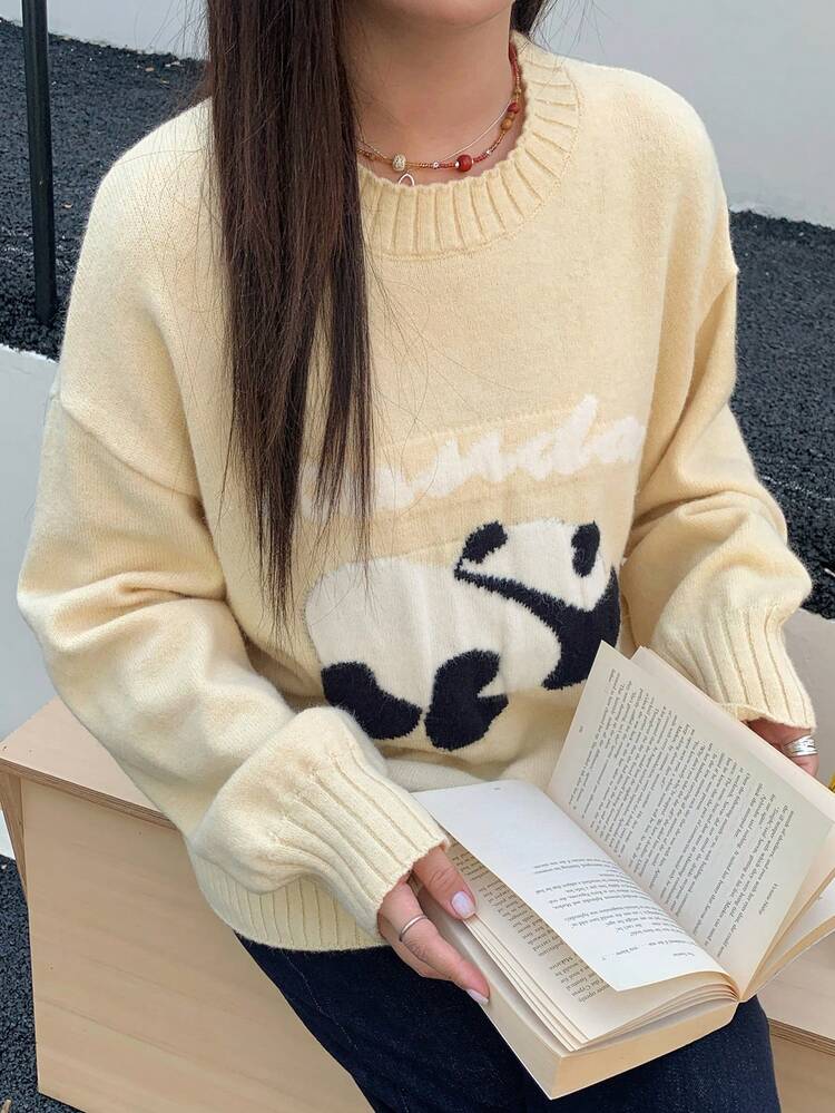 Dazy Plus Cute Animal Jacquard Pattern Loose Fit Crew Neck Long Sleeve Plus Size Women Sweater, Autumn/Winter