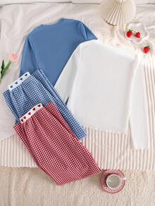 4pcs/Set Teen GirlPink & Blue Long Sleeve Pajama Set Long Sleeve Pajama Sets For Teen Girls Girl S Pajama Sets - Multicolor - View 2