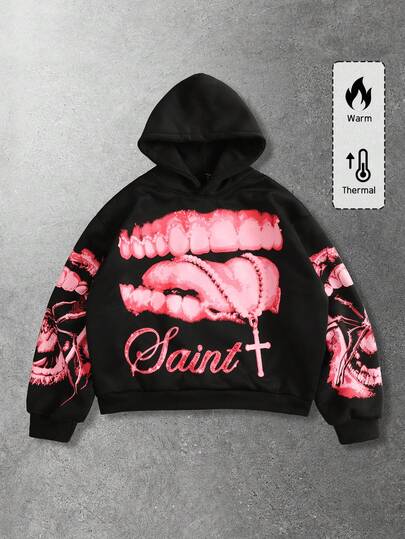 Street Life Men's Teeth & Letter Print Hoodie Sweatshirt