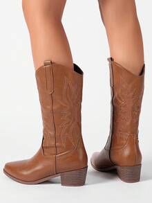 Styleloop Bottes de cow-boy à bout pointu de style occidental marron, à talon épais avec broderie. Tenue de mode pour l'automne/l'hiver, Noël, Halloween