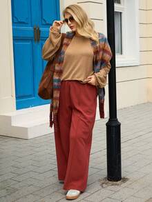 EMERY ROSE 大码纯色简约日常穿搭圆领长袖上衣和裤子两件套 - 彩色 - 查看 5