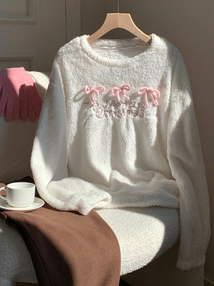 Comfortcana Camiseta de felpa de manga larga con cuello redondo y decoración de lazo para mujer, otoño/invierno - Blanco - Añade 3