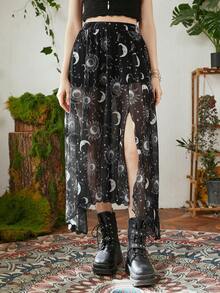 ROMWE Hippie Sun & Moon Graphic Asymmetrical Hem Mesh Skirt - Black - View 1