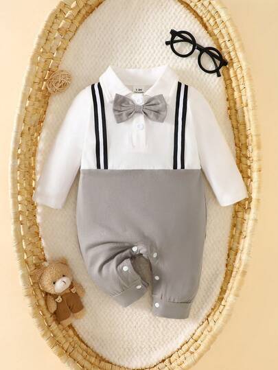 SHEIN Newborn Baby Boy Romper, 2-In-1 Front Opening Design, Fashionable & Elegant, Bow Decor, Gentlemanly Style, Sophisticated & Chic, Minimalist Design, Suitable For Daily Wear And Photography, All Season, Baby Boy Clothing