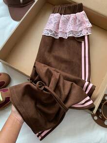 Comfortcana 女式休闲撞色蕾丝条纹侧缝松紧腰运动裤，秋季 - 棕色 - 查看 1