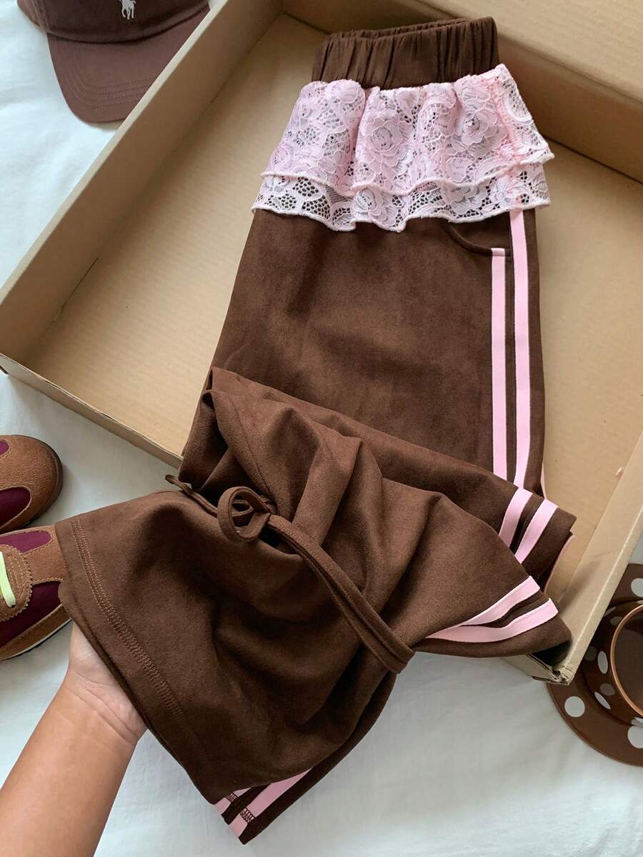 Comfortcana 女式休闲撞色蕾丝条纹侧缝松紧腰运动裤，秋季 - 棕色 - 查看 1