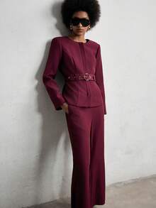 SHEIN Luminelle 秋冬无领西装套装，垫肩西装外套，配不对称纽扣金属腰带；喇叭裤，配松紧腰带 - 紅色 - 查看 5