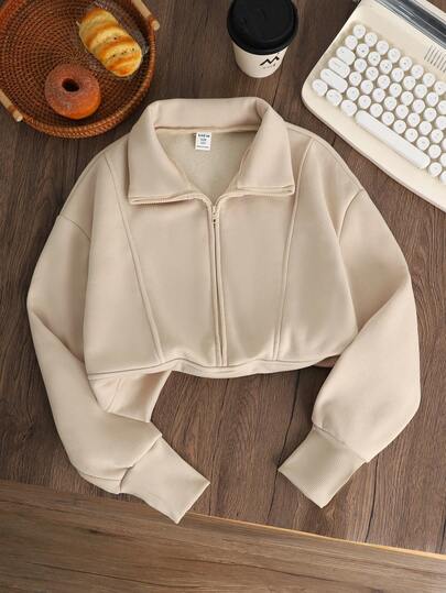 SHEIN Tween Girls' Front Zip Long Sleeve Minimalist Cropped Sweatshirt, Casual Everyday Wear, Graduation Long Sleeve Top, Back To School Autumn Winter