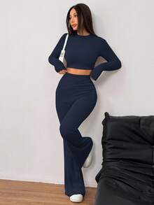 SHEIN EZwear 2 件套女式休闲纯色针织圆领长袖短款修身 T 恤和高腰喇叭裤 - 藏蓝色 - 查看 3