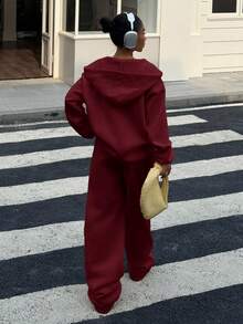 Muchica Women's Cream Yellow Casual Loose Sweatshirt Set, Autumn New Arrival Burgundy Outfit Women Red Suits For Woman Pants Suit Red Blazer Women Red Outfit - Burgundy - View 2