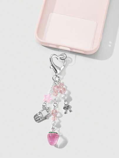 Kawaii 1pc Cute & Elegant Handmade Beaded Keychain With Pink Crystal, White Faux Pearl, Star, Bow, Strawberry Decor, Mini Phone Charm, Suitable For Women, Girls, Daily Wear, Holiday Gift, Comes With Phone Holder & Adhesive Heart Accessory