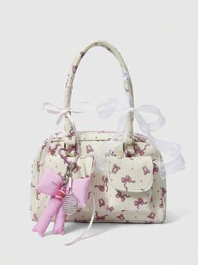Kawaii 1pc Pink Corduroy Bow Polka Dot Print Fashion Portable Bow Pearl Decor Kawaii Ladies Tote Bag, Large Capacity
