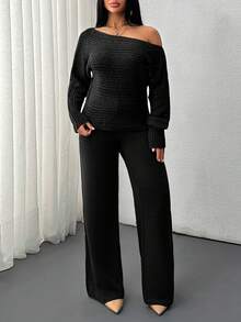 EURMUSE Solid Color Holo Out Batwing Sleeve Sweater, Spring/Fall Season, Long Sleeve Top And Sweater Pant 2pcs Set - Black - View 3
