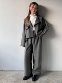 DAZY 女童休闲长款外套和裤子套装，秋季商务装 - 灰色 - 查看 2