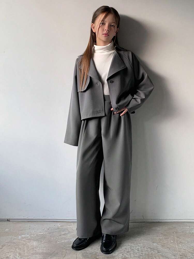 Girls Casual Long Jacket & Pants Set, Fall Outfit Business Attire