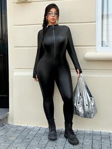 Muchica 大码立领长袖修身纯色连体裤 - 黑色 - 查看 4
