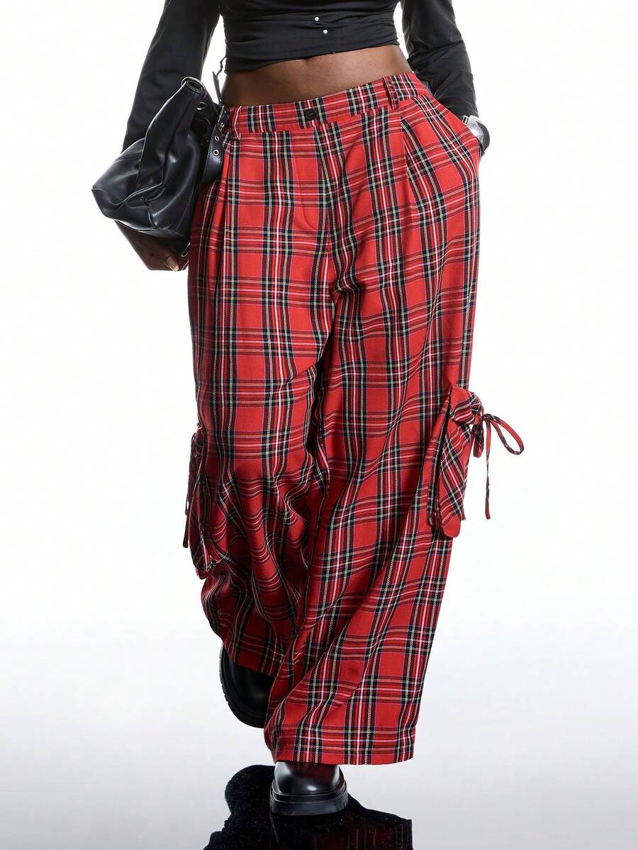 LYSMO 加大码圣诞红色格子宽松工装裤 - 彩色 - 查看 1