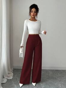 Elenzga Women's Bamboo Fabric Waist Front Overlay Buckle Design Elegant Teacher Uniform Professional Casual Pants, Thanksgiving, Halloween Essential Versatile Loose Flowy Straight Leg Pants - Burgundy - View 4