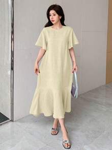 DAZY Vestido de mujer de largo medio con cuello redondo y volantes en el bajo, vestido de verano de unicolor - Beis - Ver 5